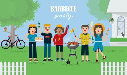 illustration vector of friends having fun 
 and eating food and drinking at barbecue garden party with outdoor table