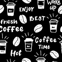 coffee seamless pattern. hand drawn illustration with hand lettering. great for cafe, bars, wallpaper, wrapping paper.