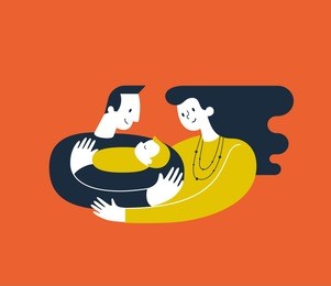 dad hugging and cuddling baby boy or girl and nursing him. mum hugging dad and son. parents embracing newborn and expressing love and care. modern vector illustration logo symbol for banner or website