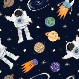 seamless vector pattern with an astronaut, planets, stars, rocket. space pattern.