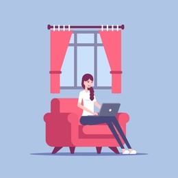 young woman in home clothes sitting on the chair and using laptop in living room vector flat illustration. girls working on laptop at home. freelance, self employed, freedom.