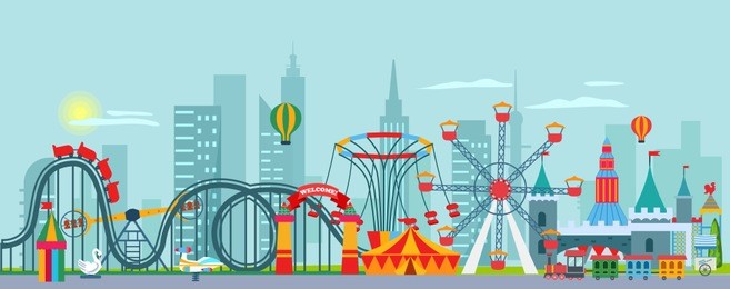amusement family park background with carousel, ferris wheel, circus, aerostat. vector illustration