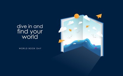 world book day, find your world with the book. creative design with blue background.