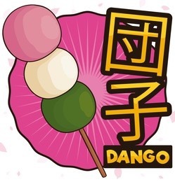 traditional and delicious dango dumpling (written in japanese) over fuchsia label, ready to celebrate hanami festival.