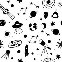 cosmos space astronomy simple seamless pattern. endless galaxy inspiration graphic design typography element. hand drawn cute simple vector background. earth ufo stars mars moon astronaut telescope