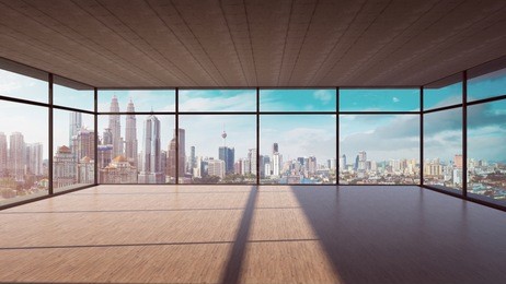 perspective view of empty wood floor and cement ceiling interior with city skyline view . mixed media .