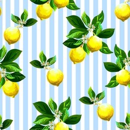 seamless citrus vector pattern on striped background. hand drawn illustration with lemons.