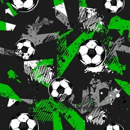 abstract seamless football pattern. sport game wallpaper. set of soccer ball on grunge urban background,curved lines, shabby shape texture,  spray paint ink elements. boy repeated backdrop