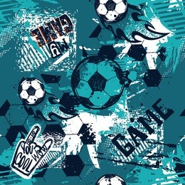 abstract seamless football pattern. sport game wallpaper. set of soccer ball on grunge urban background,curved lines, shabby shape texture,  spray paint ink elements. boy repeated backdrop