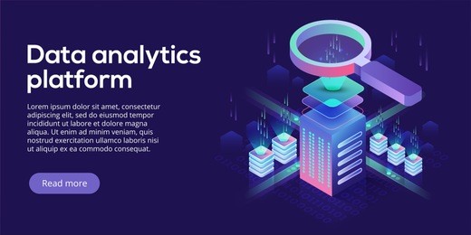 data analytics platform isometric vector illustration. abstract hosting server or data center room background. network or mainframe infrastructure website header layout. computer storage workstation