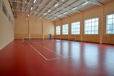 large gym in the room. volleyball court under the roof. sports hall