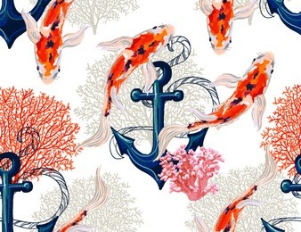 beautiful seamless vector tropical pattern with koi fish, anchor, corals. abstract geometric texture, stripes. perfect for wallpapers, web page backgrounds, surface textures, textile.