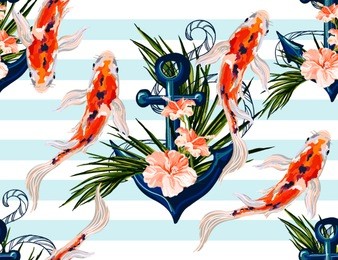 beautiful seamless vector tropical pattern with koi fish, anchor, hibiscus, palm leaves. abstract geometric texture, stripes. perfect for wallpapers, web page backgrounds, surface textures, textile.