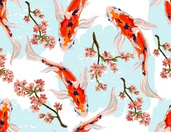 seamless vector floral pattern background with hand drawn koi fish, tropical japanese flowers, branches. perfect for wallpapers, web page backgrounds, surface textures, textile.