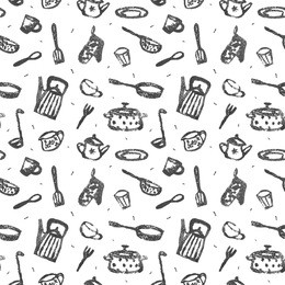 handmade stamped kitchenware seamless pattern. there are kettle, teapot, glass, cup, jugful, fork, spoon, plate, pot, pan, potholder, spatula, colander, ladle in a pattern.