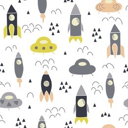 trendy kids hand drawn seamless pattern with space and rockets. baby vector background illustration. 