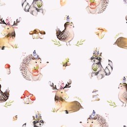 watercolor seamless pattern of cute baby cartoon hedgehog, squirrel and moose animal for nursary, woodland forest illustration for children. forest decoration