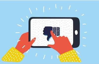 vector cartoon illustration of hand holding smartphone with dislike on screen. thumbs down. human hand give rate. social network and media on mobile phone. modern graphic elements