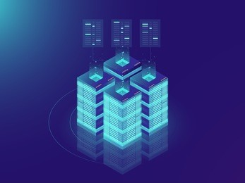 isometric server room and big data processing concept, datacenter and data base icon, digital information technology, neon dark gradient