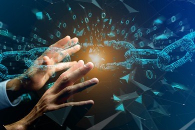 view of a weak link of a broken blockchain exploding - 3d render