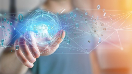 view of a blockchain title with 0 and 1 data flying over