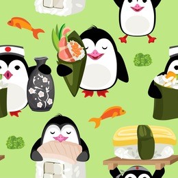 vector seamless pattern of penguins with sushi. on a pastel green background
