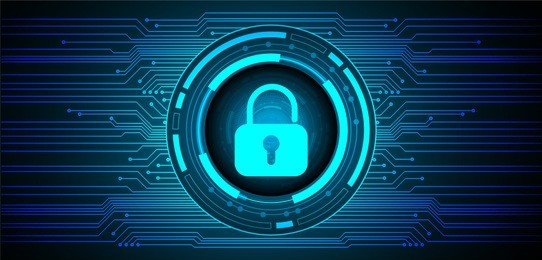 safety concept, closed padlock on digital background, cyber security, blue abstract hi speed internet technology background illustration. key vector