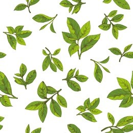 seamless pattern with green tea, hand-drawn leaves and branches of tea
