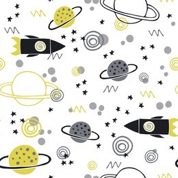 trendy kids hand drawn seamless pattern with planets and rockets. baby vector background illustration with space. doodle style. scandinavian style