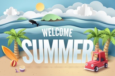 paper art of red car park at beach with welcome summer text, origami and travel concept, vector art and illustration.