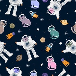 seamless vector pattern with cute cats in space with planets, rocket, stars on a dark background. space pattern.