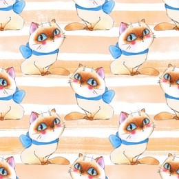 watercolor cartoon cats, seamless pattern 3