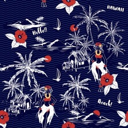 beautiful summer hawaiian girl island. seamless pattern on wave background. tropical  vector in hand drawn with hibiscus flowers and plam tree at the beach and ocean on navy blue .