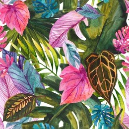 watercolor tropical leaves seamless pattern. watercolour colorful leaves painting in natural style. hand painted illustration for summer design, natural background