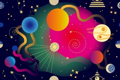 abstract space background. seamless vector pattern with constellations, sun, moon, sputniks, galaxies and planets. trendy gradients design. dark blue, pink, green.