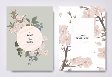 botanical wedding invitation card template design, sakura flowers and leaves with circle frame on green background, vintage style