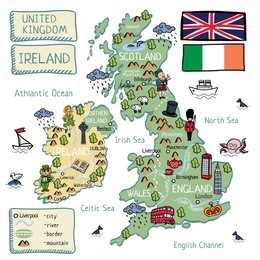 cartoon vector map of united kingdom and ireland with isolated objects and characters