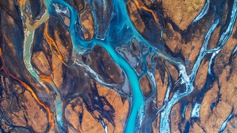 aerial view and top view river in iceland. beautiful natural backdrop.