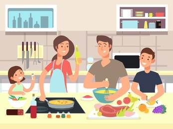 happy family cooking. mother and father with kids cook dishes in kitchen cartoon vector illustration. family cooking, mother and father on kitchen