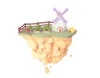 lavender field farm plantation and windmill low poly style 3d illustration. plant flower garden isolated floating island.