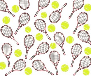 sports seamless pattern with tennis ball and racket icons in flat design style.