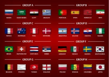 soccer cup team group set . realistic wavy national flags on gradient red color background . vector for international world championship tournament 2018 .