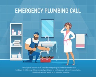 company plumber repair pipe leak under washstand in bathroom. vector cartoon character with wrench clean service of pipeline.