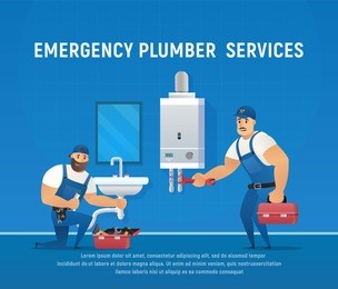 two funny plumbers repair pipe and boiler maintenance. plumbing service concept. vector illustrations of characters with wrench.