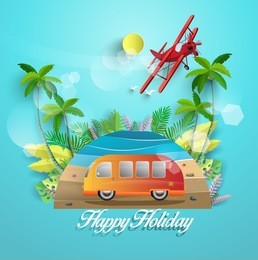 vector illustration in summer. beautiful beach scenery and tropical trees. holidaying by car. paper art design