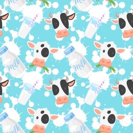 vector cartoon style pattern with cows, milk bottle and milk glass on blue background with white blobs.