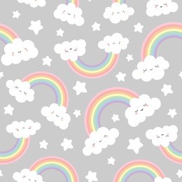 cute clouds and rainbow seamless pattern, cartoon vector illustration, grey sky background
