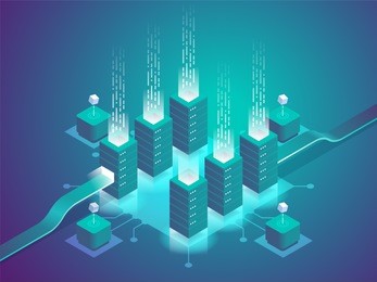 cryptocurrency and blockchain. farm for mining bitcoins. digital money market, investment, finance and trading. perfect for web design, banner and presentation. isometric vector illustration.