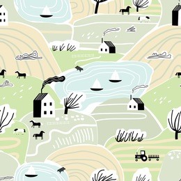 hand drawn vector abstract scandinavian graphic illustration seamless pattern with house, trees and hills. nordic nature landscape concept. perfect for kids fabric, textile, nursery wallpaper.