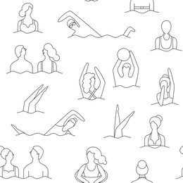line art seamless pattern. people swiming on the beach, coloring page vector illustration